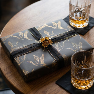 Gold-Filigran Art Deco Kranich Anthrazitgrau Geschenkpapier