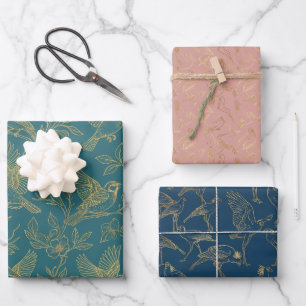 Gold-Filigran Art Deco   Nordic Bloom Birds Set vo Geschenkpapier Set