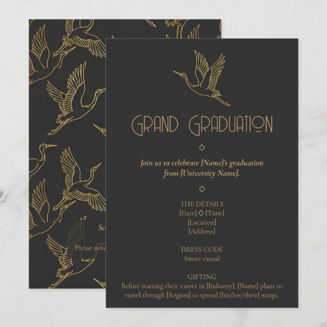 Gold Filigree Art Deco | Crane Graduation Einladung (Vorne/Hinten)