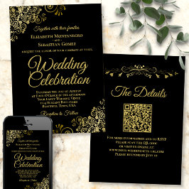 Gold Filigree auf Black Elegant QR Code Wedding Einladung