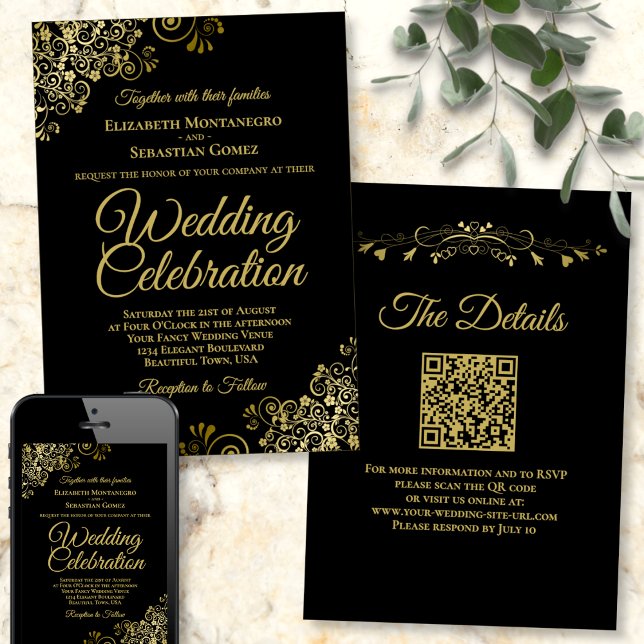 Gold Filigree auf Black Elegant QR Code Wedding Einladung (Von Creator hochgeladen)