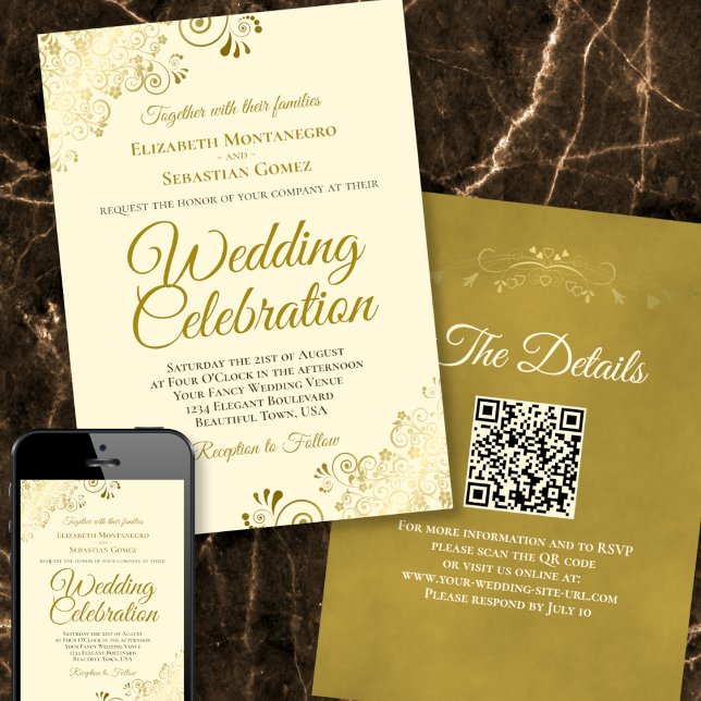 Gold Filigree auf Creme Eleganter QR Code Hochzeit Einladung (Von Creator hochgeladen)