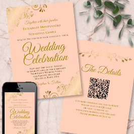 Gold Filigree auf Peach Elegant QR Code Hochzeit Einladung