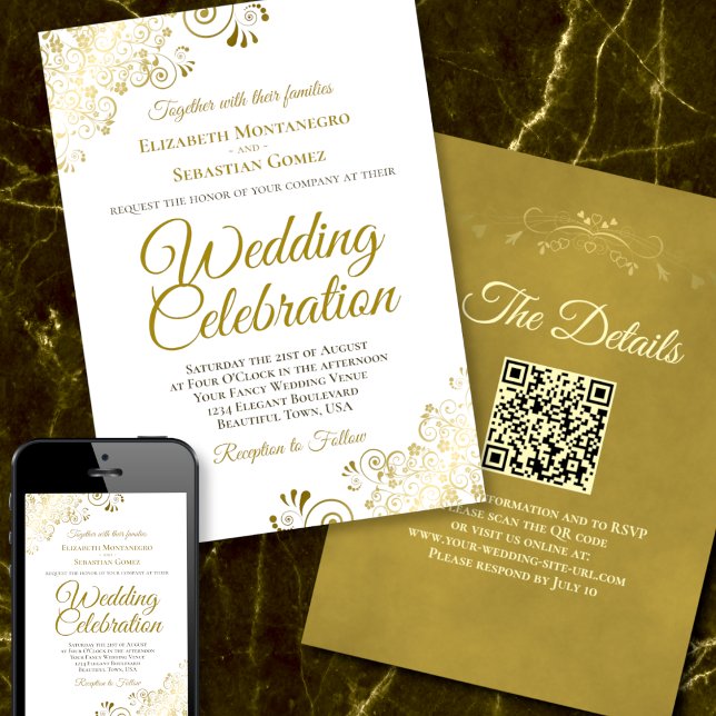 Gold Filigree auf White Elegant QR Code Wedding Einladung (Von Creator hochgeladen)