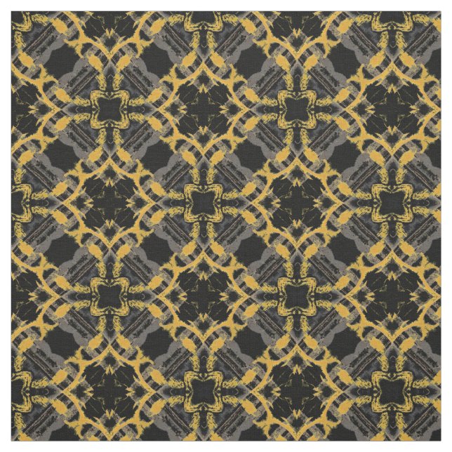 Gold Filigree Blume & Black Gray Karo Muster Stoff (Muster)