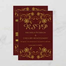 Gold Filigree Blume & Ivy auf Burgund Hintergrund RSVP Karte