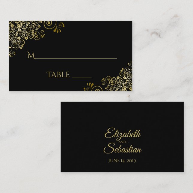 Gold Filigree Elegante Black Wedding Escort Card Platzkarte (Vorne/Hinten)