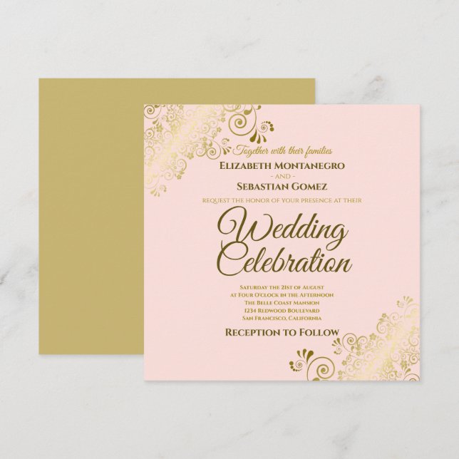 Gold Filigree Elegante Blush Pink Square Wedding Einladung (Vorne/Hinten)
