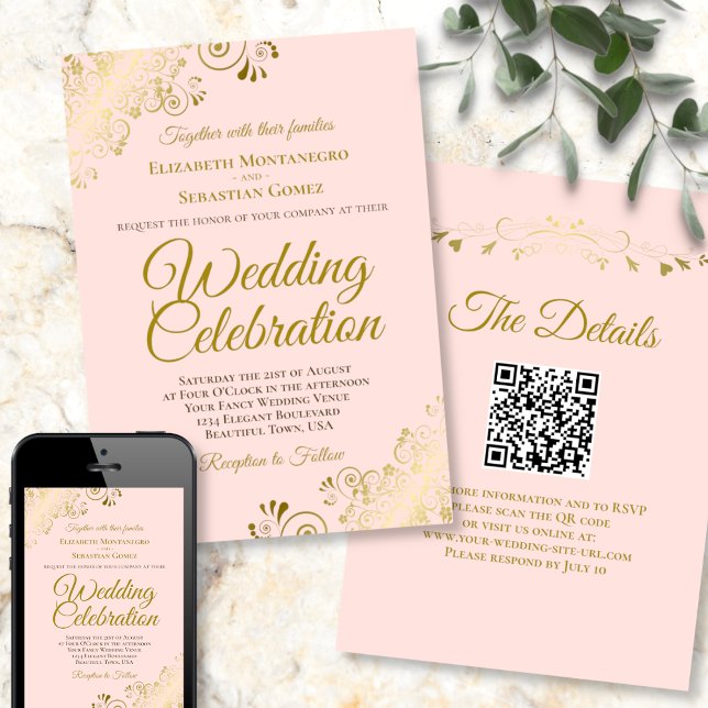 Gold Filigree on Pink Elegant QR Code Wedding Einladung (Von Creator hochgeladen)