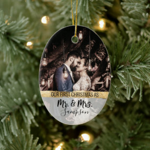 Gold First Christmas Married Paar Wedding Foto Keramik Ornament