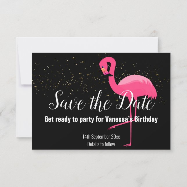 GOLD FLAMINGO PINK SAVE THE DATE SCHWARZ RSVP KARTE (Vorderseite)