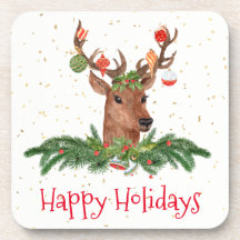 Gold Fleck Christmas Deer Happy Holidays