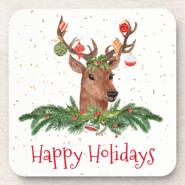 Gold Fleck Christmas Deer Happy Holidays Untersetzer (Vorderseite)