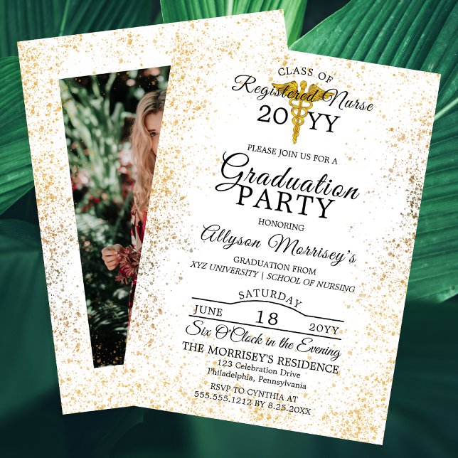 Gold Flecks Foto Nursing School | Med Abschluss Einladung (Faux Gold Flecks Photo Nursing School | Medical Graduation Party Invitation - Print | Digital)
