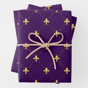 Gold Fleur-de-Lis auf Dunkel Lila Geschenkpapier Set