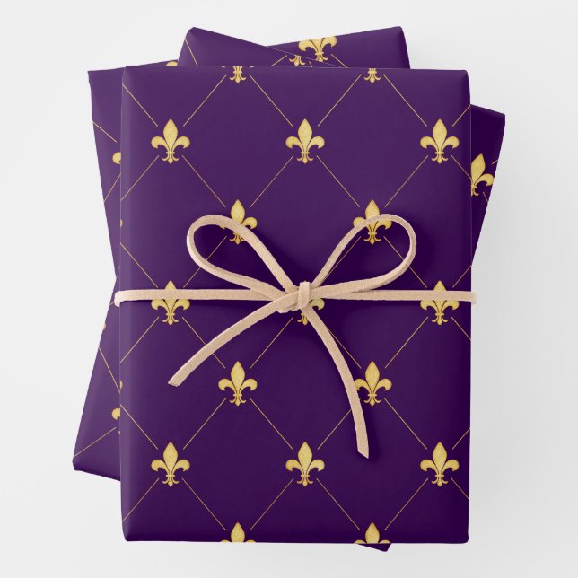 Gold Fleur-de-Lis auf Dunkel Lila Geschenkpapier Set (Beispiel)