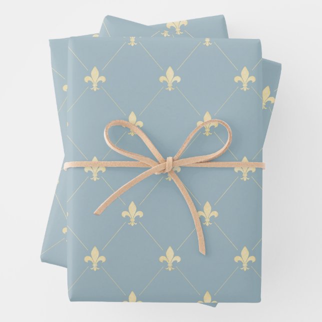 Gold Fleur-de-Lis auf Dusky Blue Geschenkpapier Set (Beispiel)