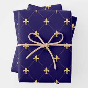 Gold Fleur-de-Lis auf Midnight Blue Geschenkpapier Set