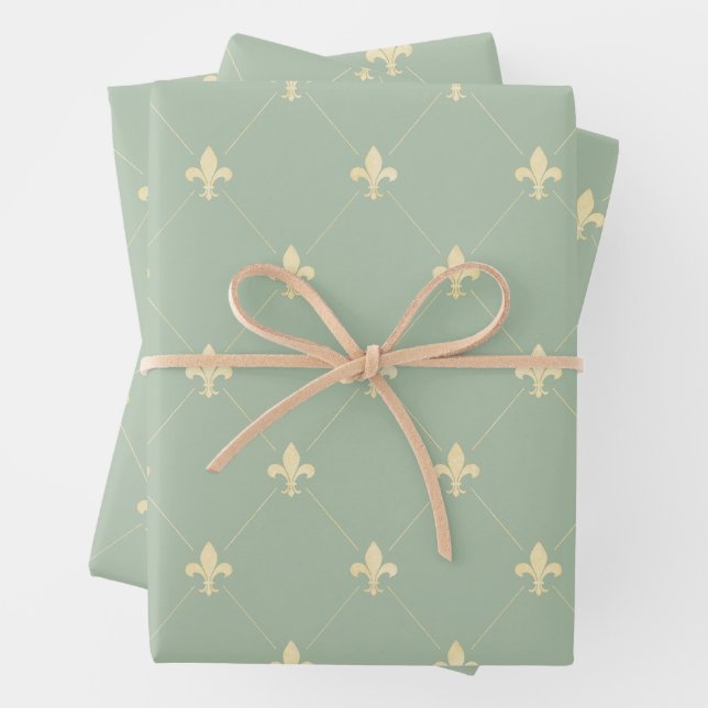 Gold Fleur-de-Lis auf Sage Geschenkpapier Set (Beispiel)