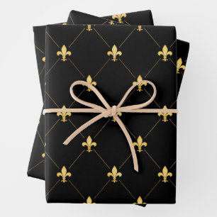 Gold Fleur-de-Lis auf Schwarz Geschenkpapier Set