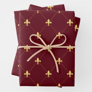Gold Fleur-de-Lis auf Wine Red Geschenkpapier Set