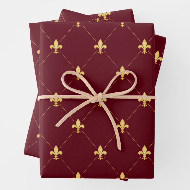 Gold Fleur-de-Lis auf Wine Red Geschenkpapier Set (Beispiel)