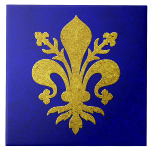 Gold Fleur-de-lis Blue Background Fliese