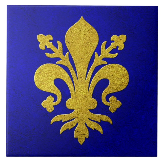 Gold Fleur-de-lis Blue Background Fliese (Vorderseite)