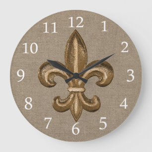 Gold Fleur de Lis Faux Burlap Große Wanduhr
