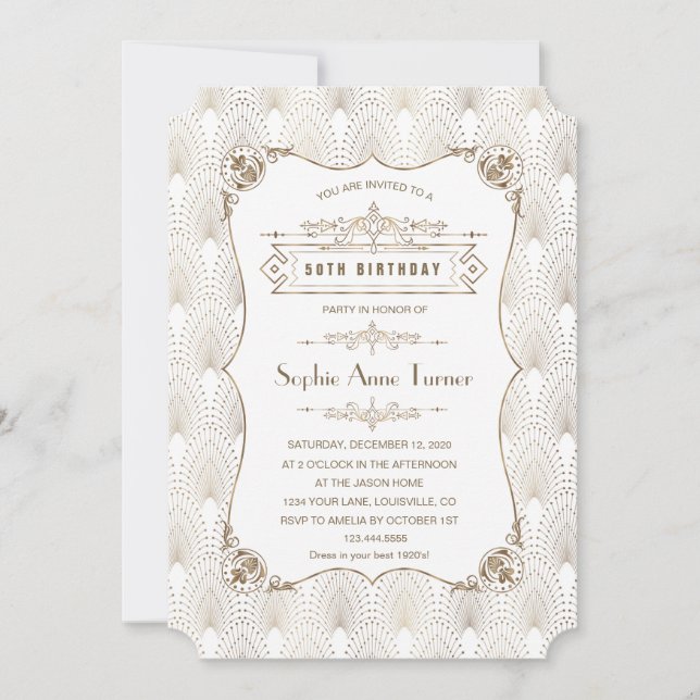 Gold Fleur-de-lis Great Gatsby 20s 50th Birthday Einladung (Vorderseite)