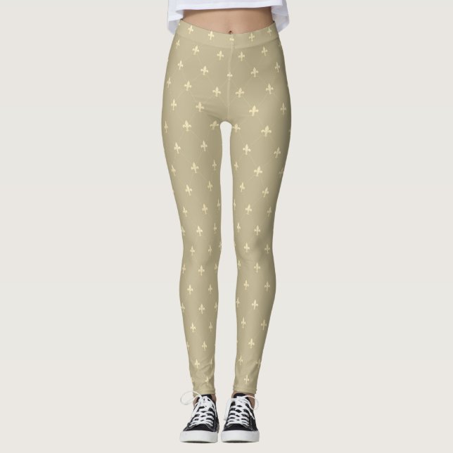 Gold Fleur-de-Lis Latte Brown Leggings (Vorderseite)