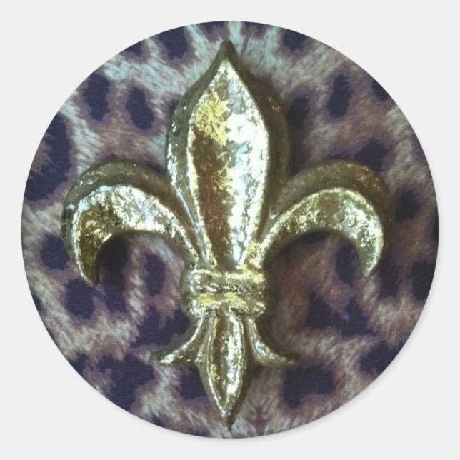 GOLD FLEUR-DE-LIS MIT LEOPARD FRAME RUNDER AUFKLEBER (Vorderseite)