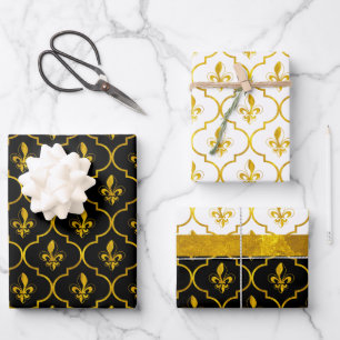 Gold Fleur-de-Lis-Quatrefolienmuster Geschenkpapier Set