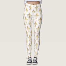 Gold fleur-de-lis seamless pattern on white leggings