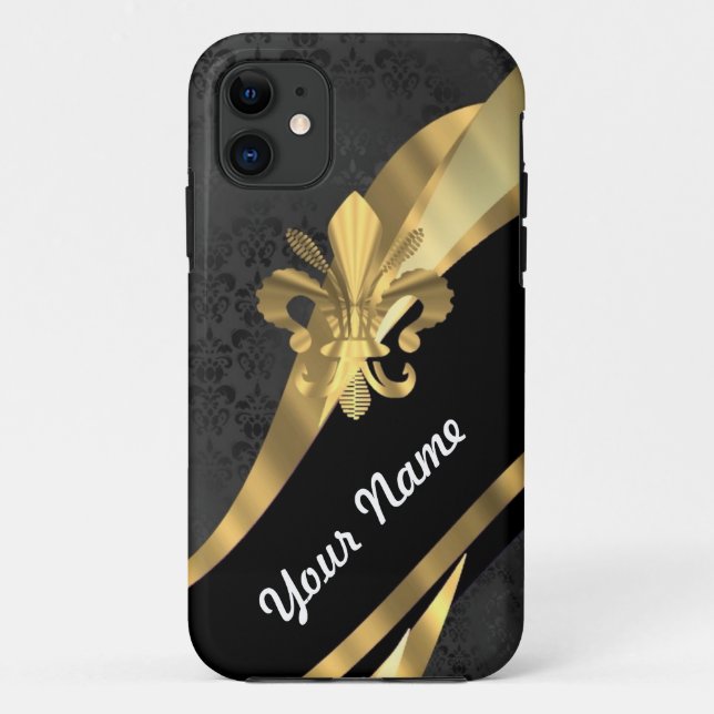 Gold Fleur de Lys auf Schwarzem Case-Mate iPhone Hülle (Rückseite)