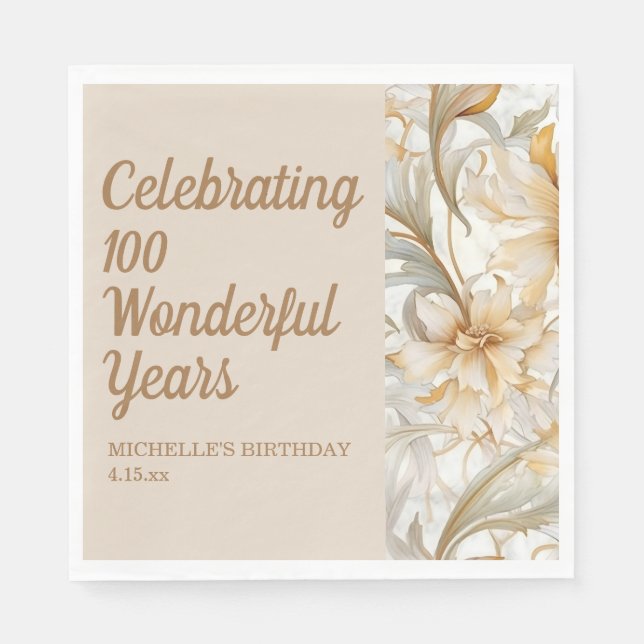 Gold Floral 100. Geburtstag Serviette (Vorderseite)