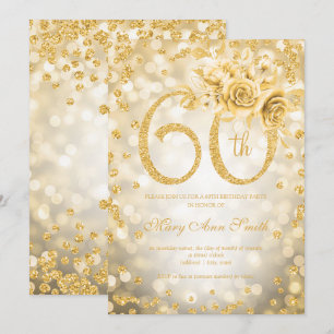 Gold Floral 60. Geburtstag Glam Lights Einladung