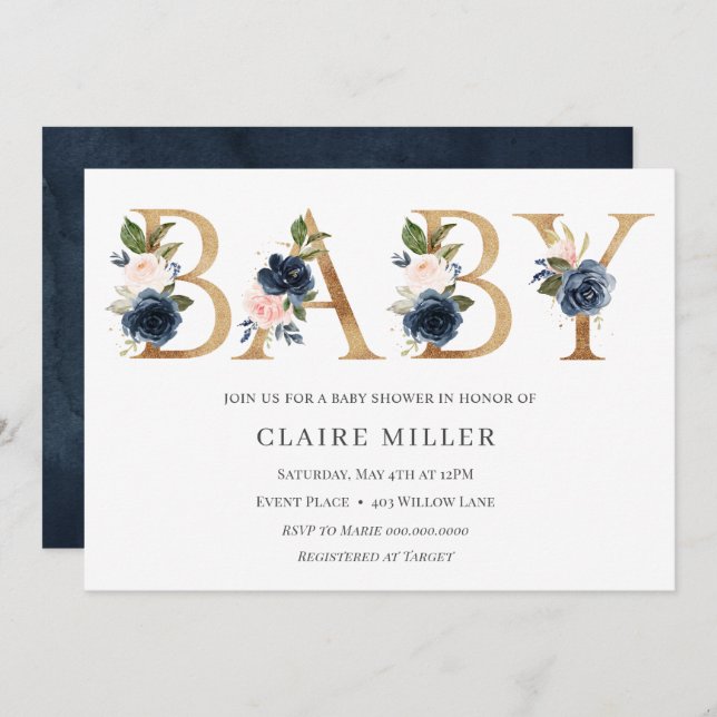 Gold Floral BABY Dusche Einladung (Vorne/Hinten)