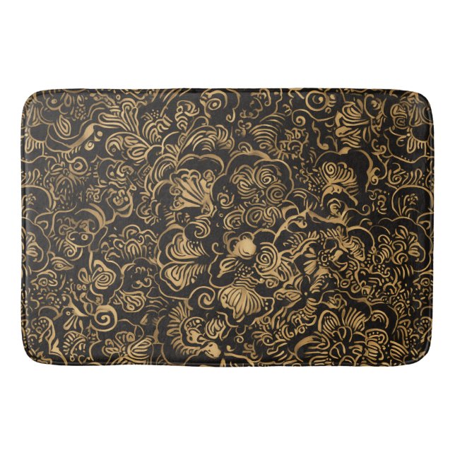 Gold Floral Baroque Pattern on Black Badematte (Vorderseite)