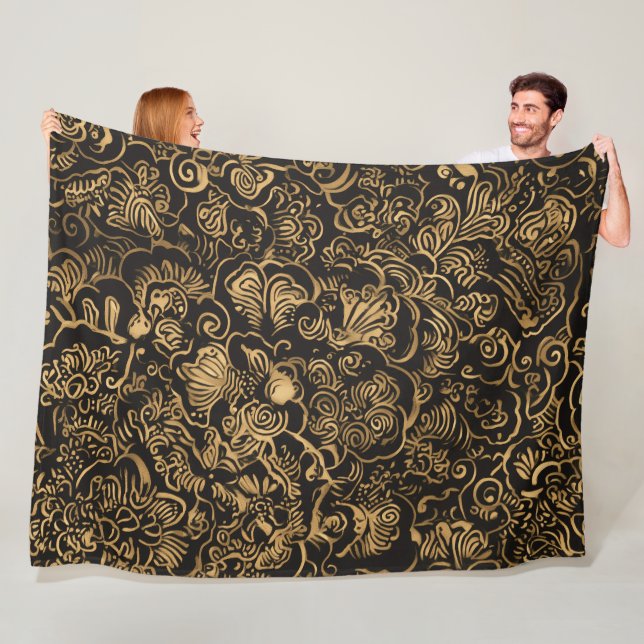 Gold Floral Baroque Pattern on Black Fleecedecke (Beispiel)