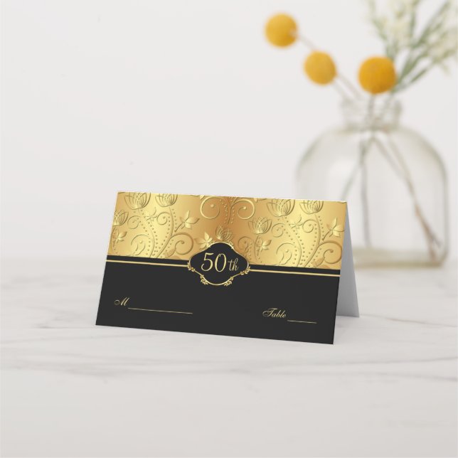 Gold Floral Black 50. Wedding Reception Place Auto Platzkarte (Vorderseite)