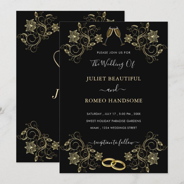 Gold Floral Black Golden Wedding Einladung (Vorne/Hinten)