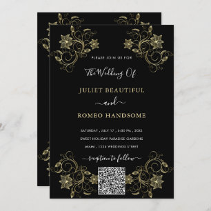 Gold Floral Black Wedding Einladung mit QR Code