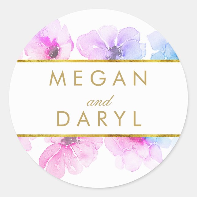 Gold Floral Blue Lila Elegante Hochzeit Runder Aufkleber (Vorderseite)