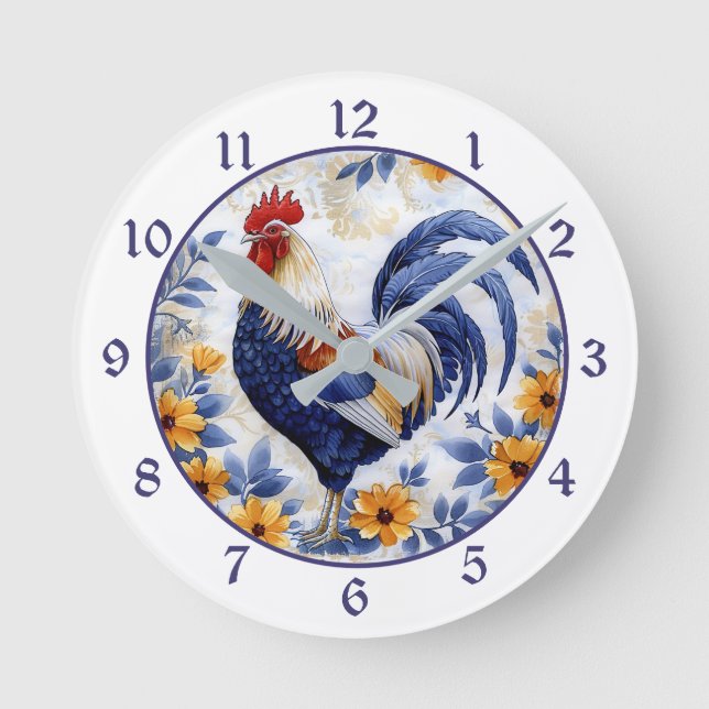 Gold Floral Blue Rooster Farmhouse Runde Wanduhr (Vorderseite)