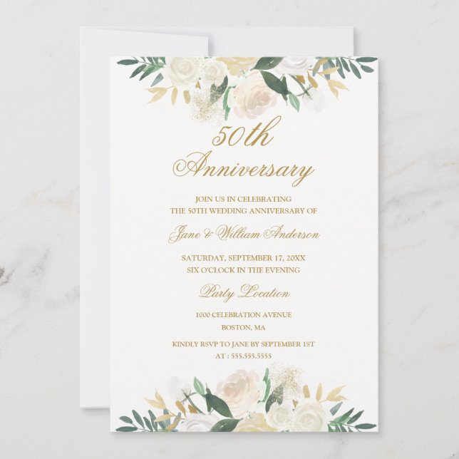Gold Floral Botanical 50. Hochzeitstag Einladung (Vorderseite)