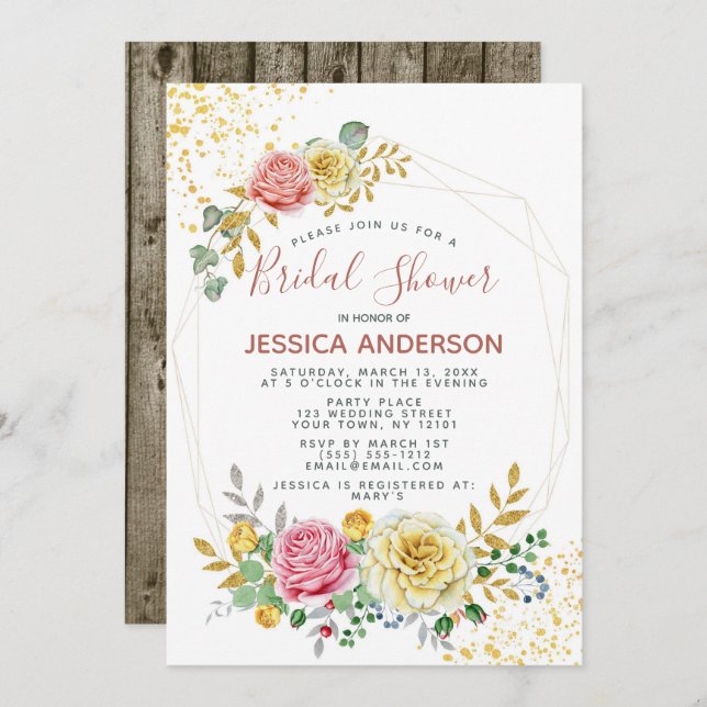 Gold Floral Brautparty Einladung (Vorne/Hinten)