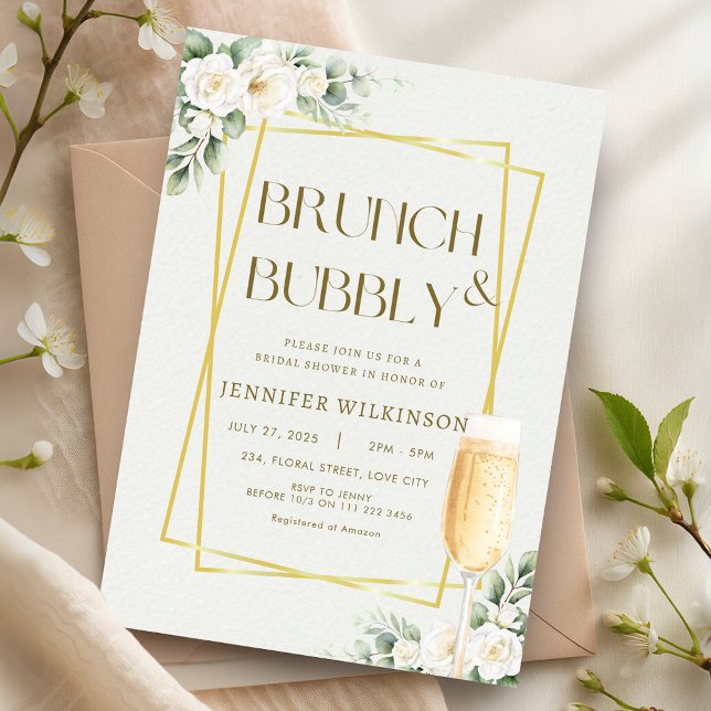 Gold Floral Brunch & Bubbly Bridal Shower Einladung (Gold Floral Brunch Bubbly Bridal Shower Invitation)