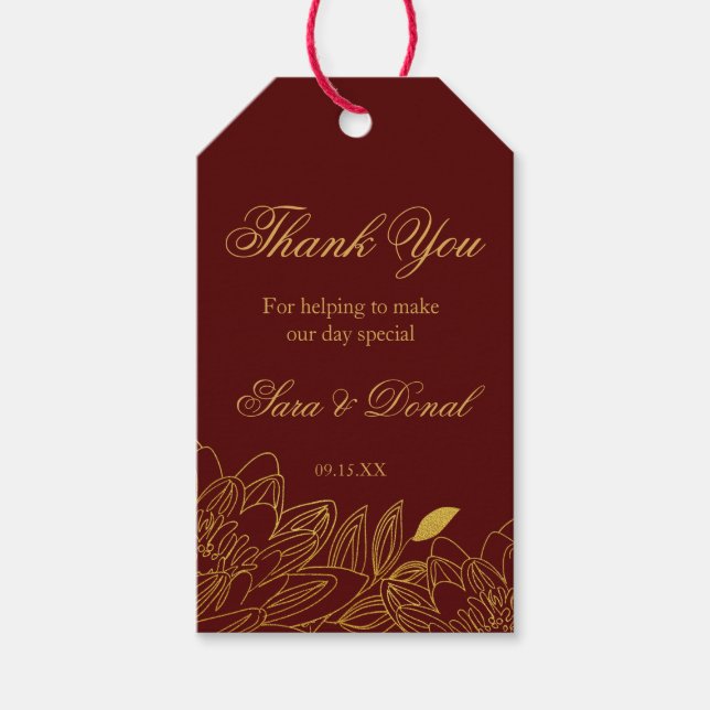 Gold Floral Burgundy Gastgeschenk Hochzeit Danke T Geschenkanhänger (Vorderseite)