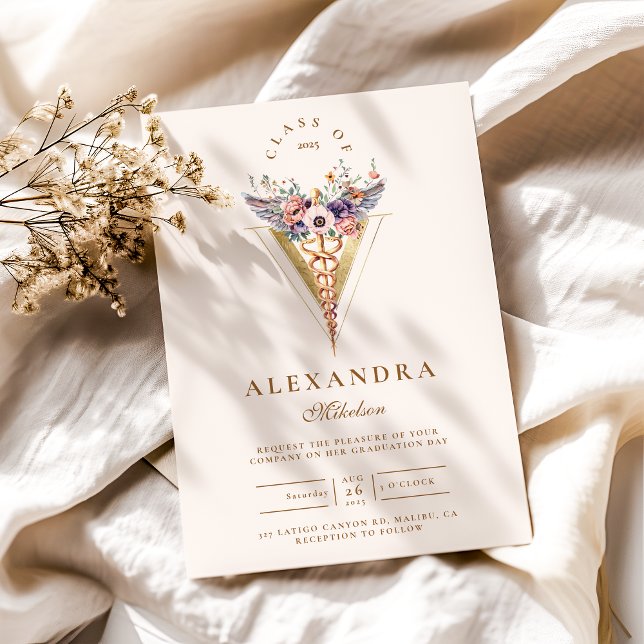 Gold Floral Caduceus Medical Vet Abschluss Einladung (Von Creator hochgeladen)